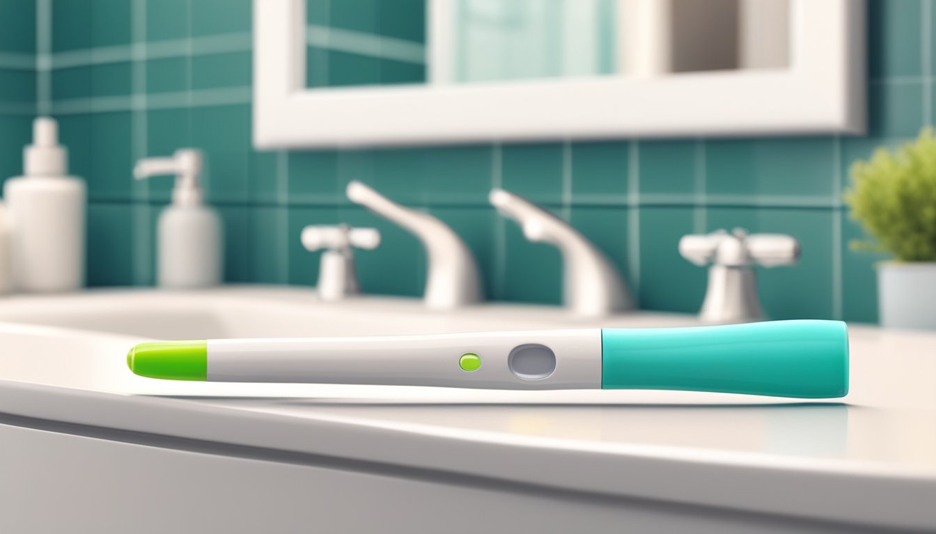 A pregnancy test sitting on a bathroom counter with a positive result showing