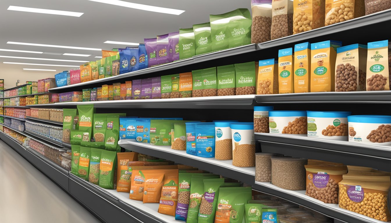 A variety of dog food packaging options and sizes displayed on shelves in a Save Mart store