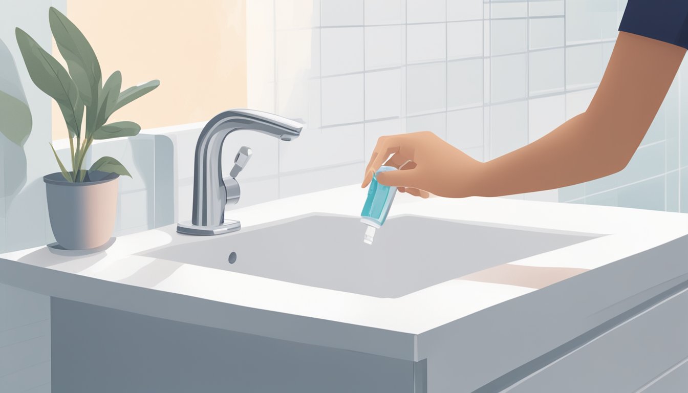 A woman's hand placing a pregnancy test on a clean, white bathroom counter next to a small bottle of water and a thoughtful expression