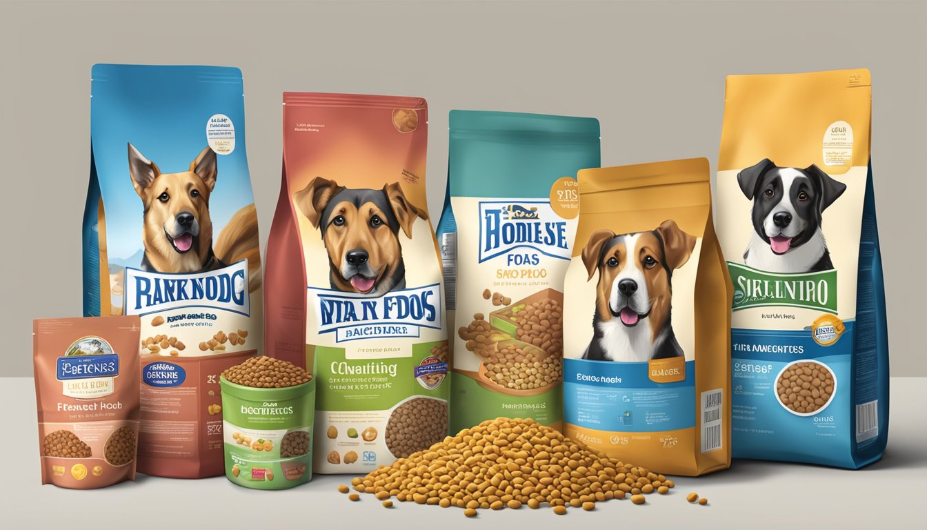 A dog sitting next to a variety of dog food bags, with price tags and value labels displayed prominently