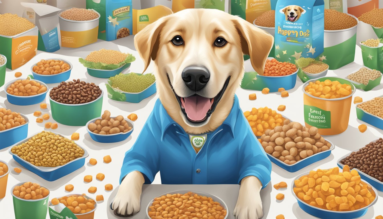 A happy dog eating Save Mart dog food, surrounded by positive reviews and star ratings