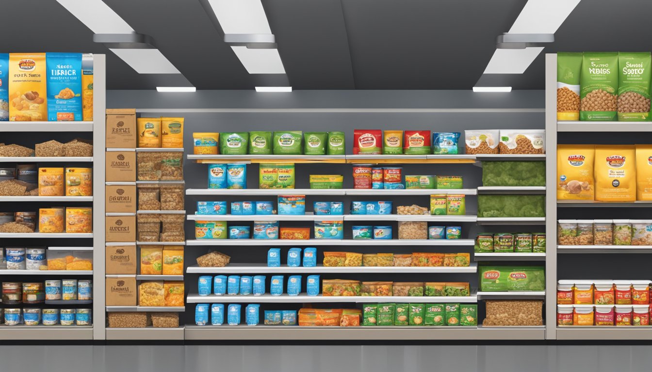 A display of Save Mart dog food on shelves with various purchase options