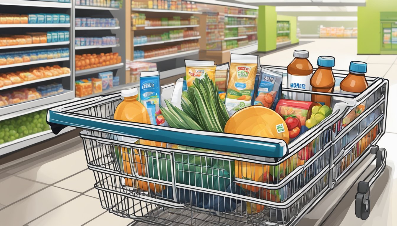 A market basket filled with groceries, including a pregnancy test, sits on a checkout conveyor belt