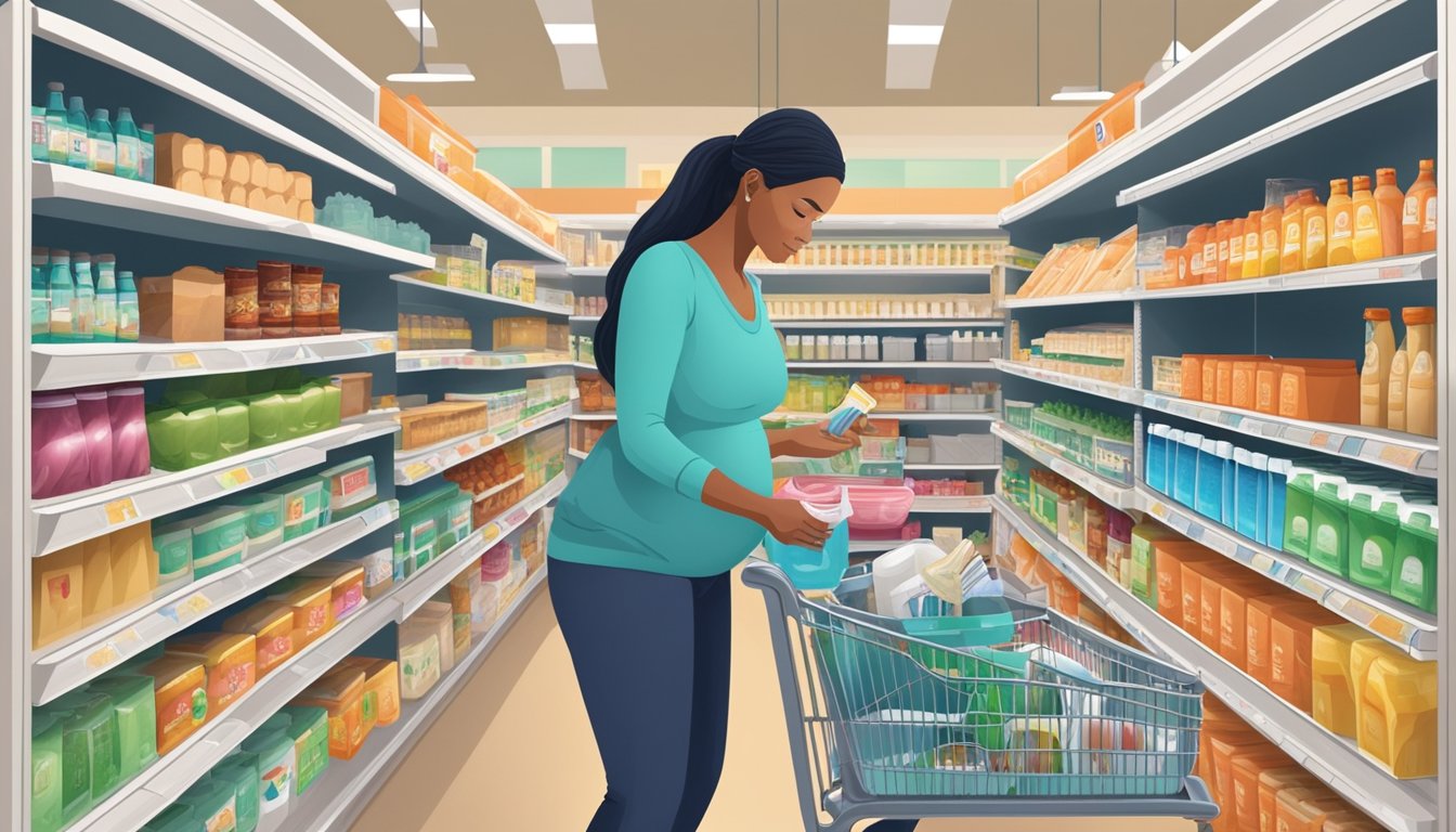 A woman places a pregnancy test into her shopping cart at Market Basket, surrounded by shelves of groceries and other household items