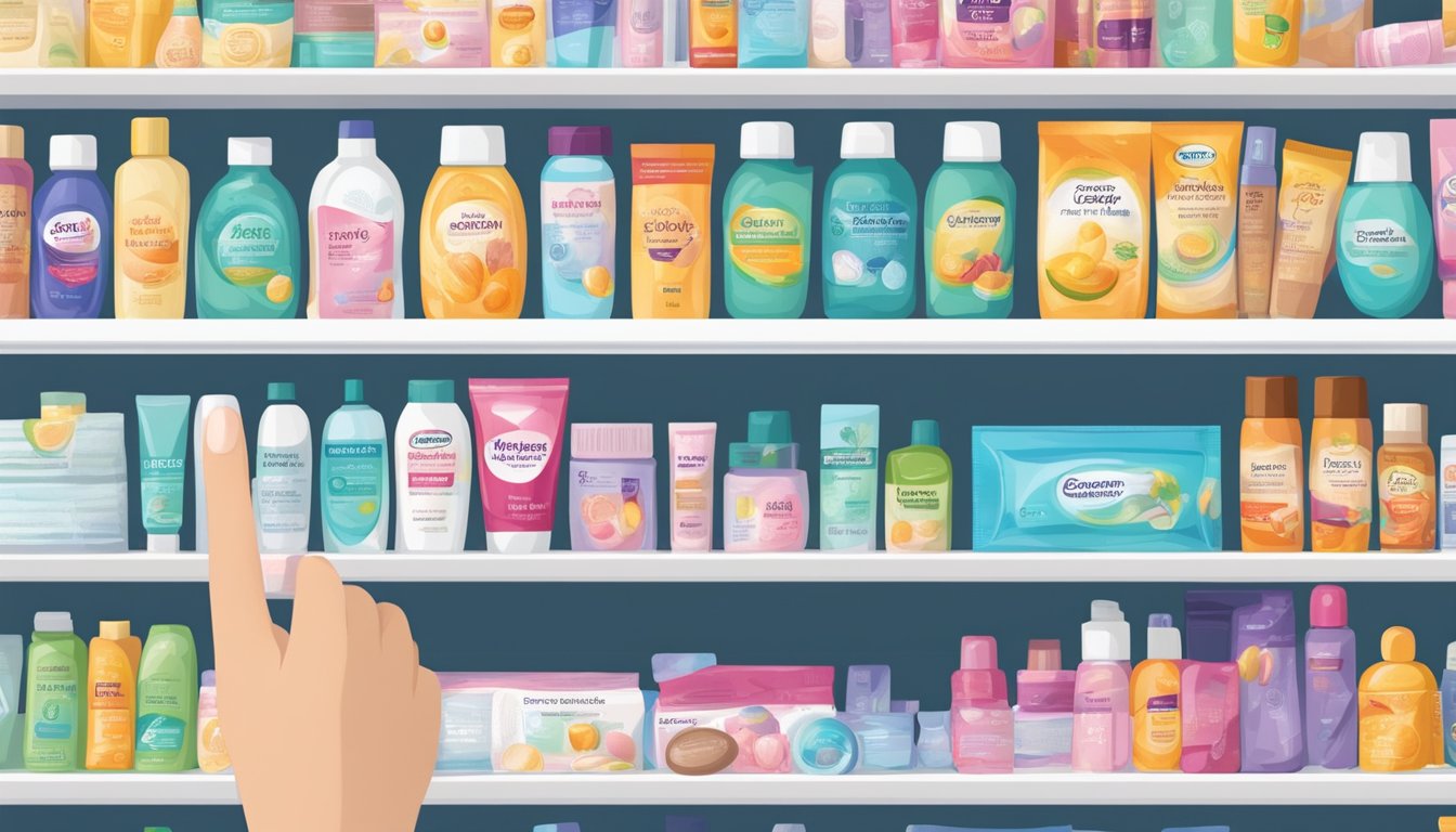 A hand reaching for a grocery outlet pregnancy test on a store shelf, surrounded by various other health and beauty products