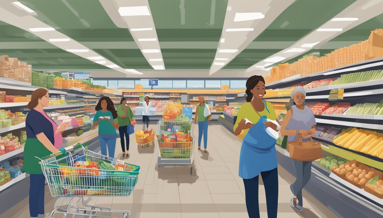 A woman discreetly places a pregnancy test in her shopping basket at Demoulas Market Basket, while other shoppers pass by