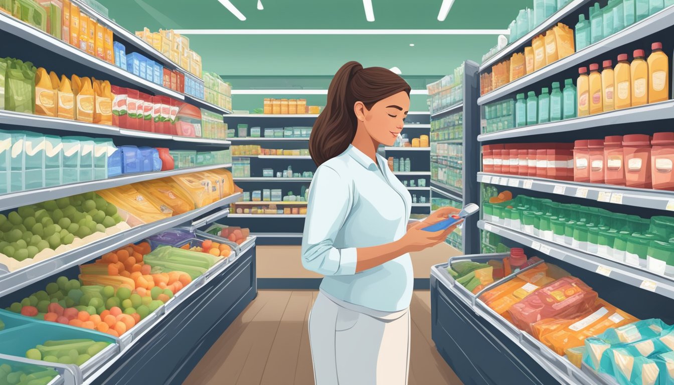 A woman places a pregnancy test into her shopping cart at a Market Basket store, surrounded by shelves of groceries and a sign for Investments and Corporate Development