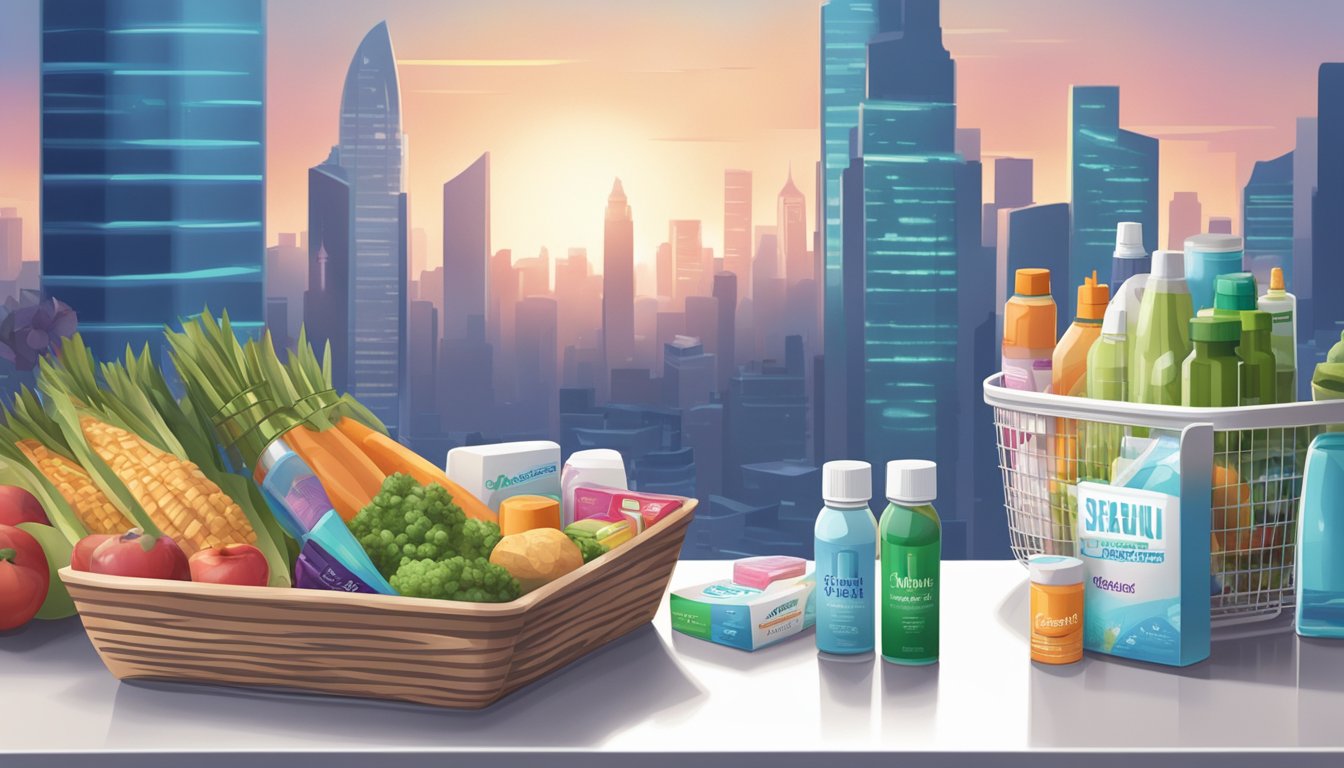 A market basket filled with various products, including a pregnancy test, sits on a table with a futuristic city skyline in the background