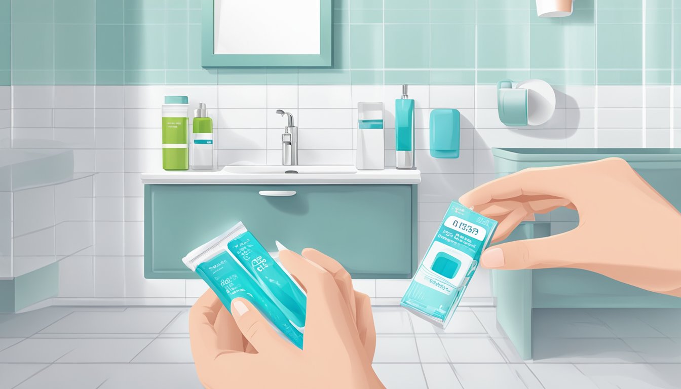 A hand holding a pregnancy test box with a clear result window, surrounded by a clean, bright bathroom counter