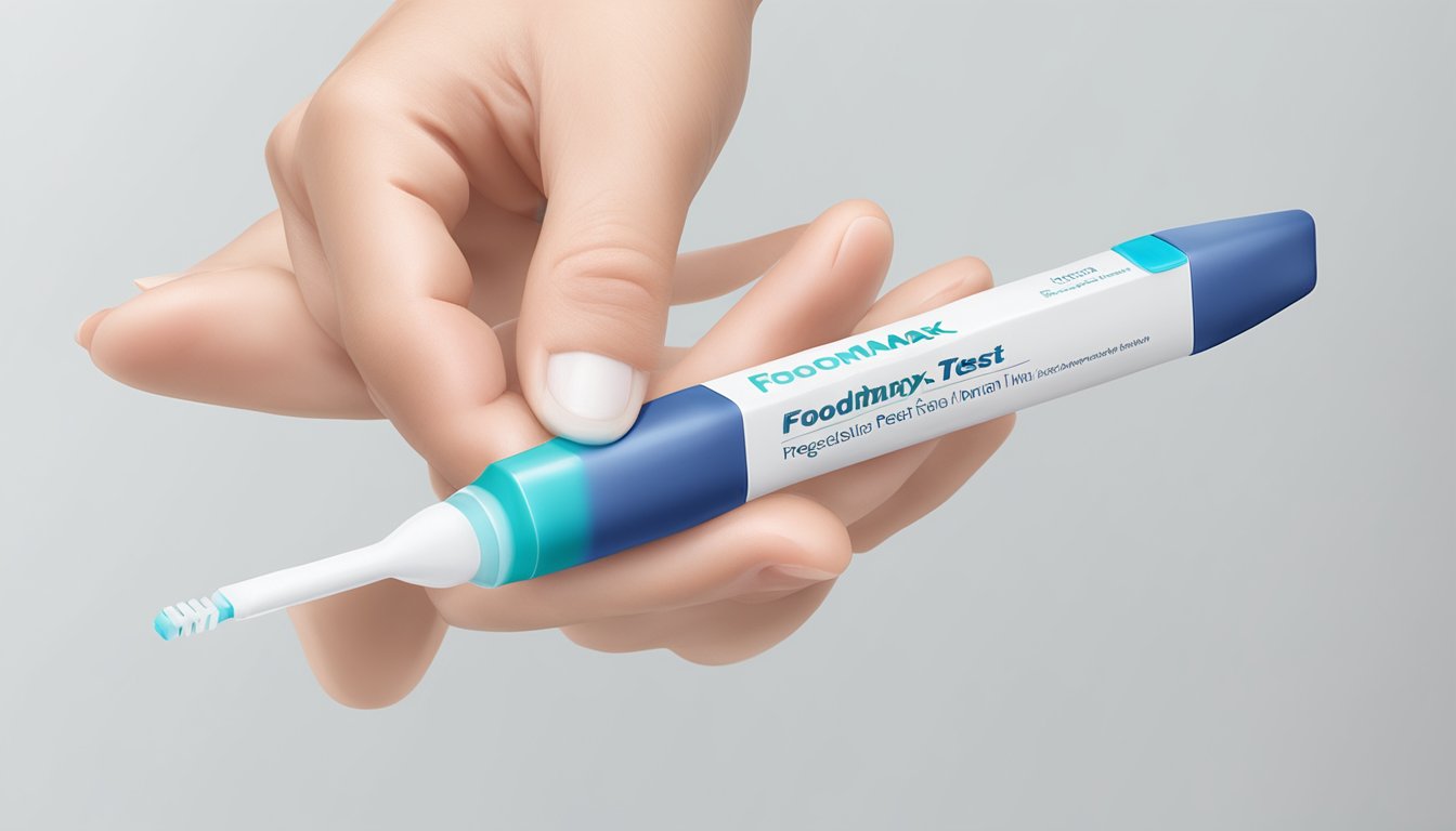 A hand holding a foodmaxx pregnancy test over a clean, white surface