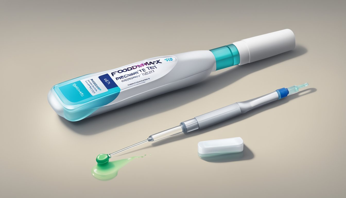 A foodmaxx pregnancy test sitting on a clean, flat surface with a dropper and a small vial of liquid nearby