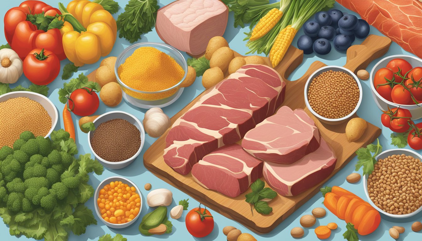 A variety of fresh, high-quality ingredients, such as meat, vegetables, and grains, are displayed in a colorful, appealing arrangement, ready to be used in H-E-B dog food