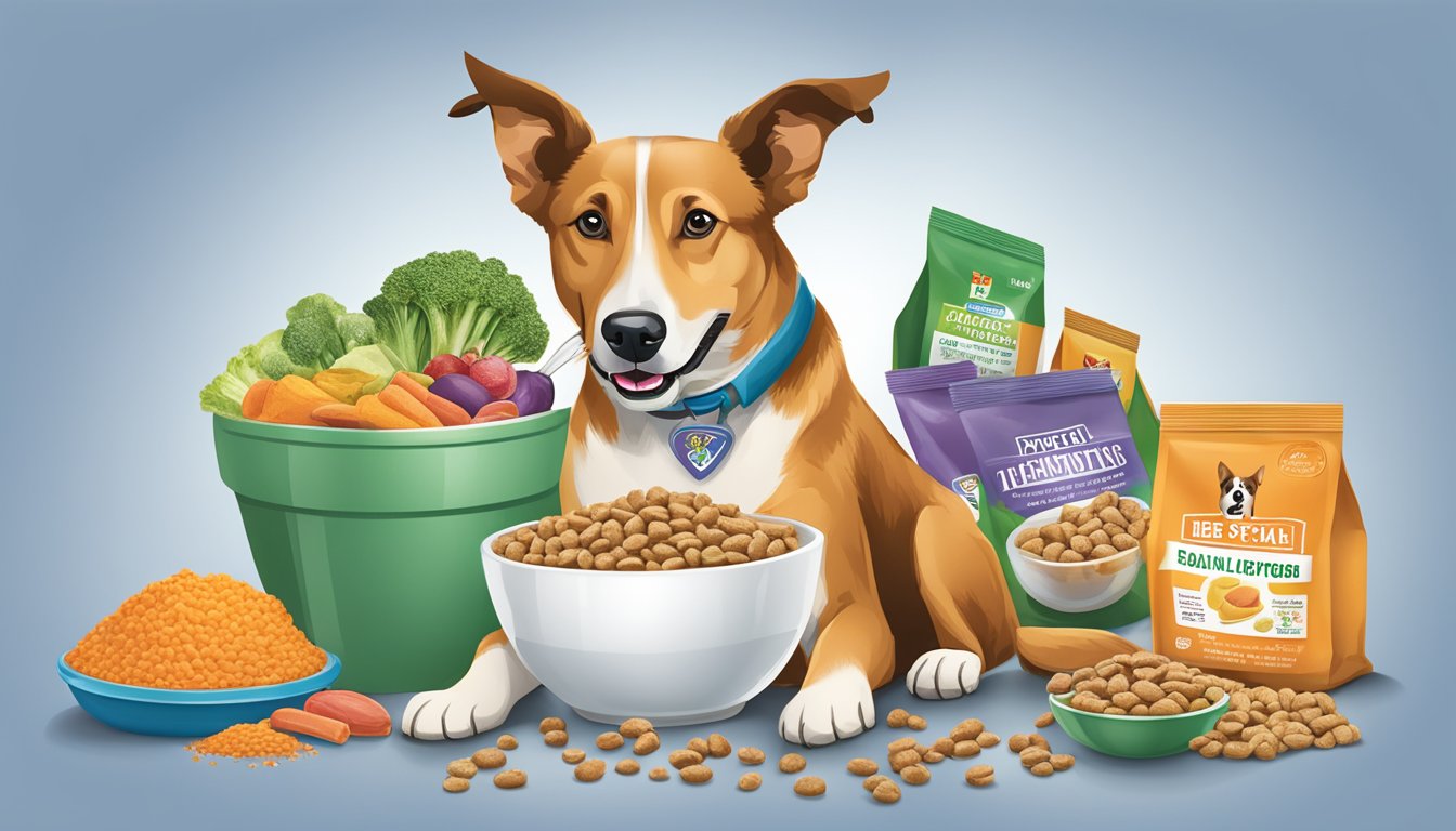 A dog happily eating a bowl of HEB special dietary options dog food