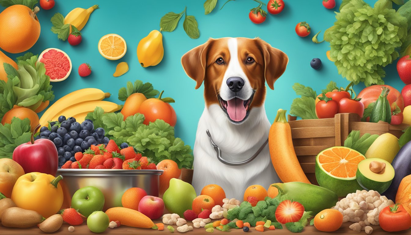 A happy dog eating HEB dog food, surrounded by vibrant fruits and vegetables