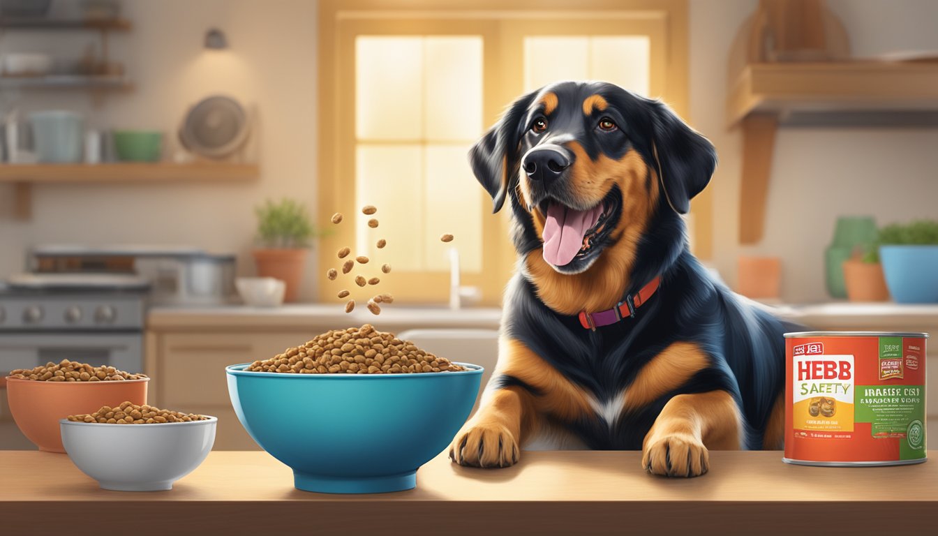 A dog happily eating from a bowl of H-E-B dog food, while the owner reads a safety and recalls notice in the background