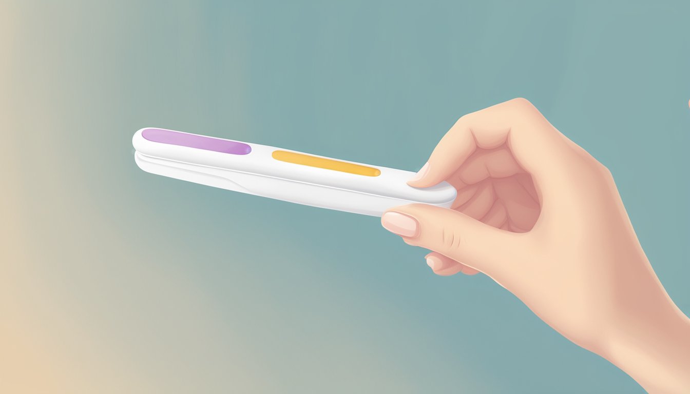 A hand holding a pregnancy test, with a serene and hopeful atmosphere