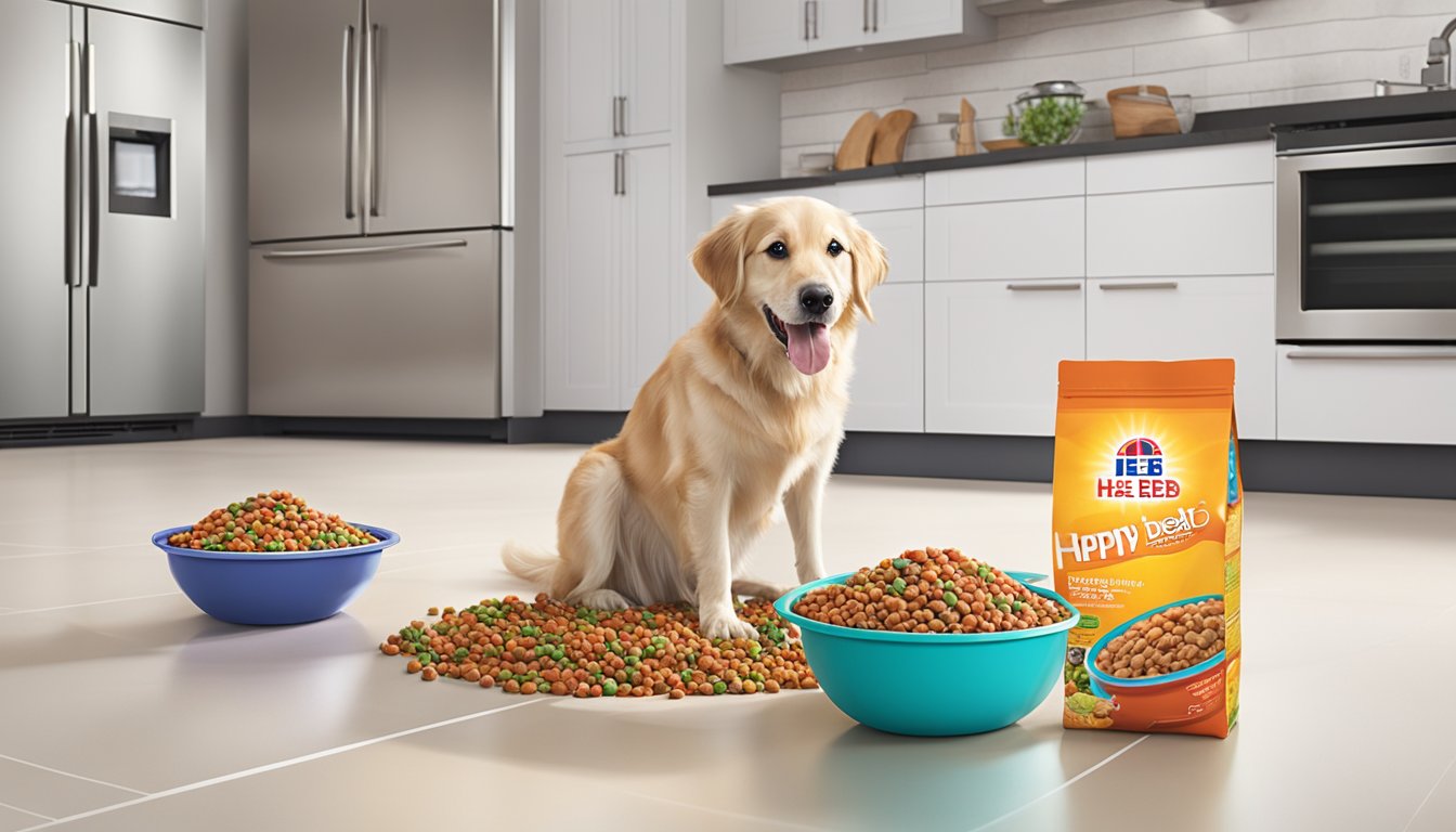 A happy dog eagerly eating H-E-B brand dog food from a colorful bowl on a clean kitchen floor