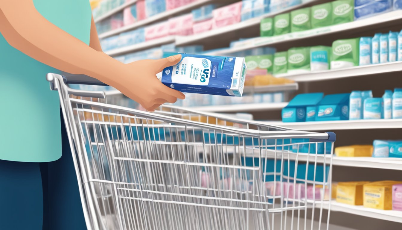 A hand placing a box of pregnancy tests into a shopping cart at Costco