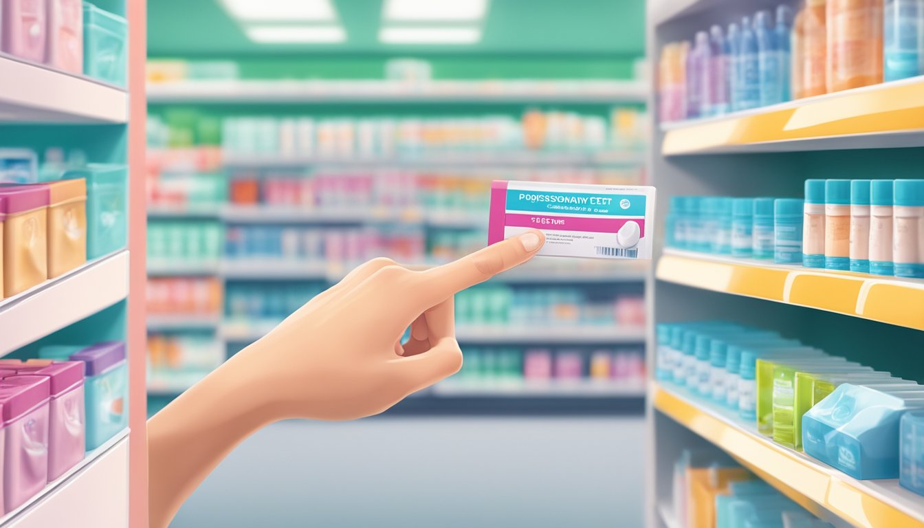 A hand reaching for a pregnancy test on a shelf in a brightly lit pharmacy aisle