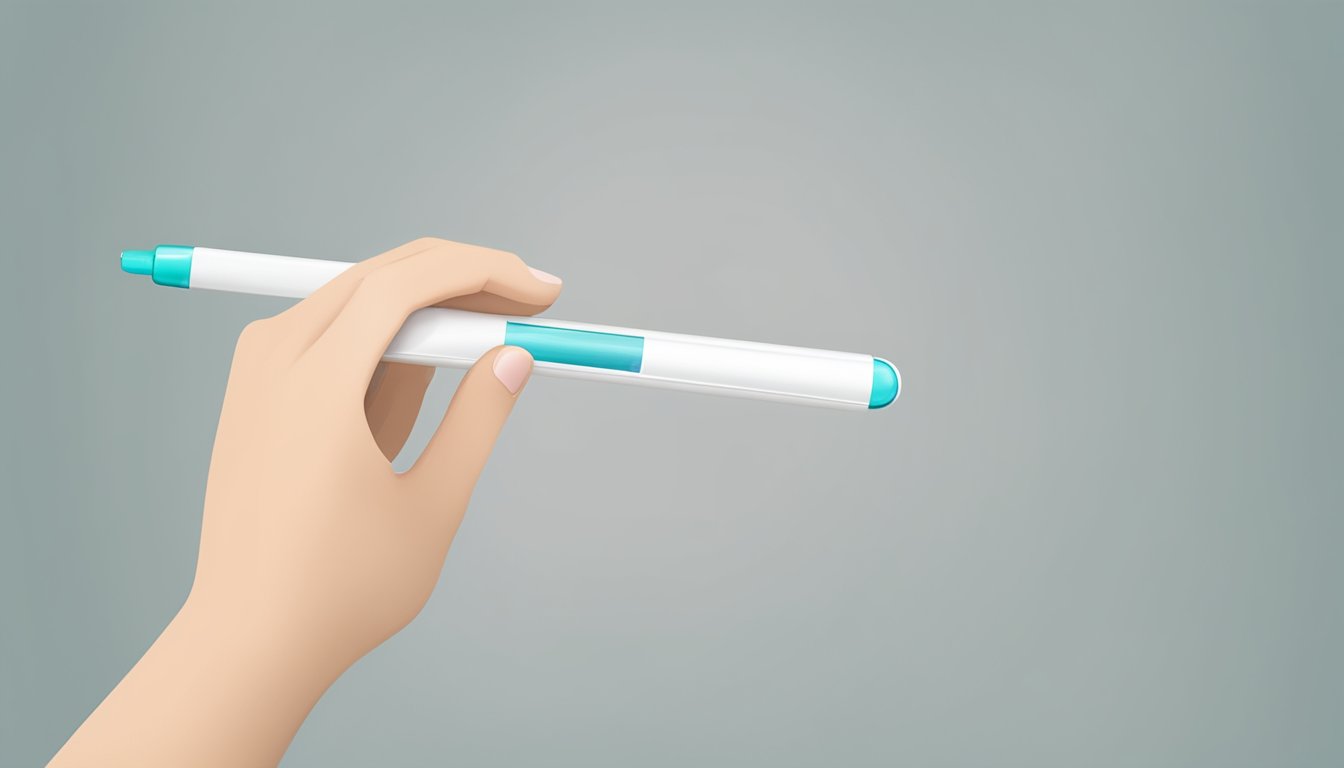 A hand holding a pregnancy test with a clear result displayed, surrounded by a calm and neutral environment