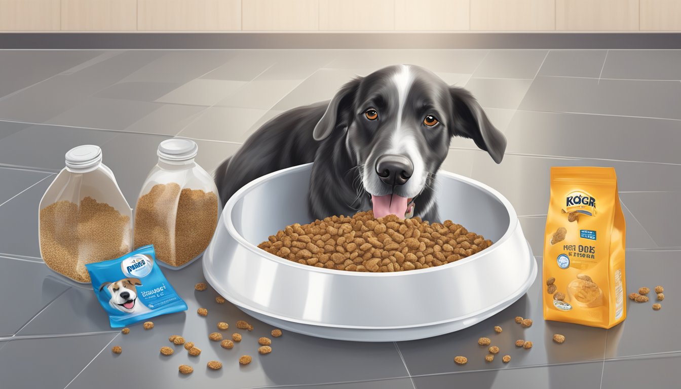 A happy dog eating Kroger dog food from a bowl on a clean kitchen floor