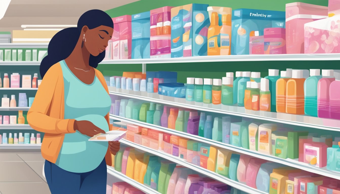 A person holding a pregnancy test box while browsing shelves of various health and beauty products at a Family Dollar store