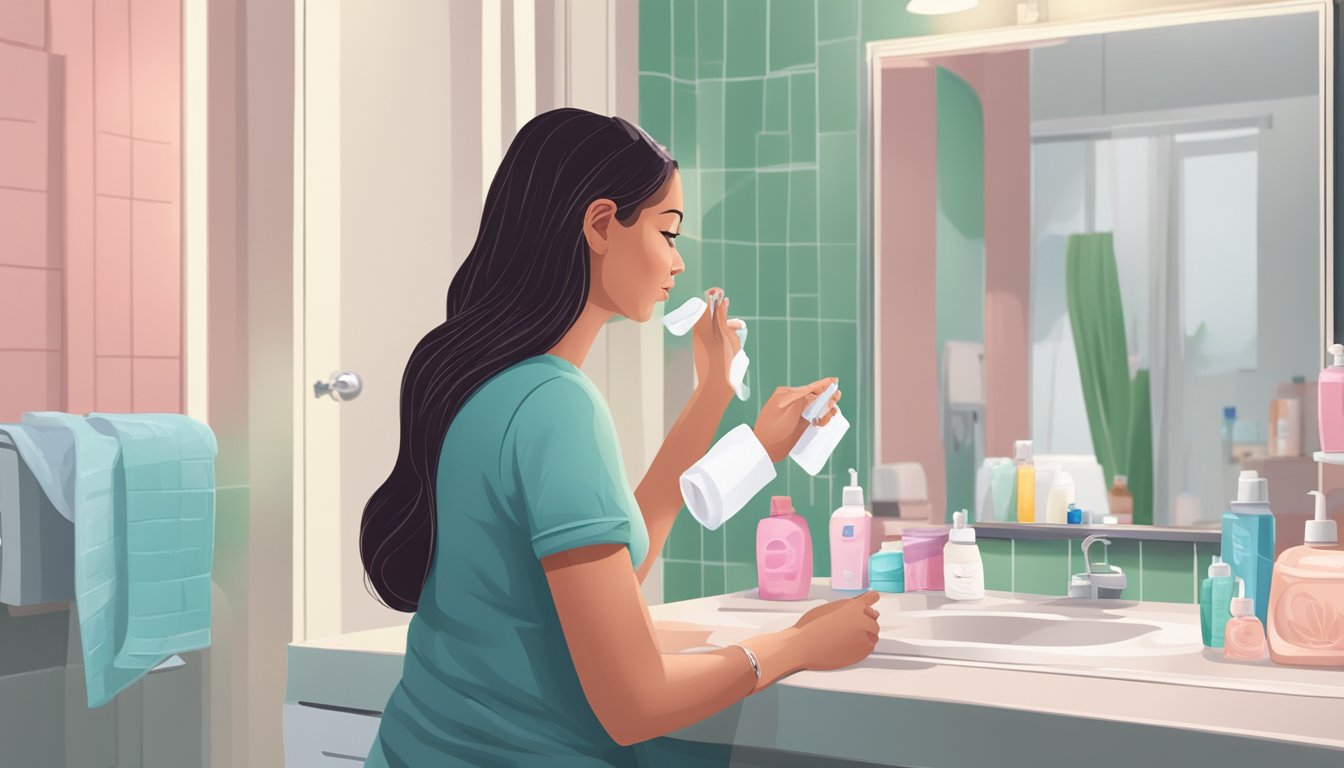 A woman placing a pregnancy test on a bathroom counter, surrounded by toiletries and a small trash can