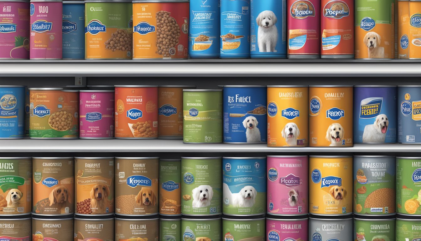 A shelf of Kroger dog food cans and bags, labeled with quality standards symbols