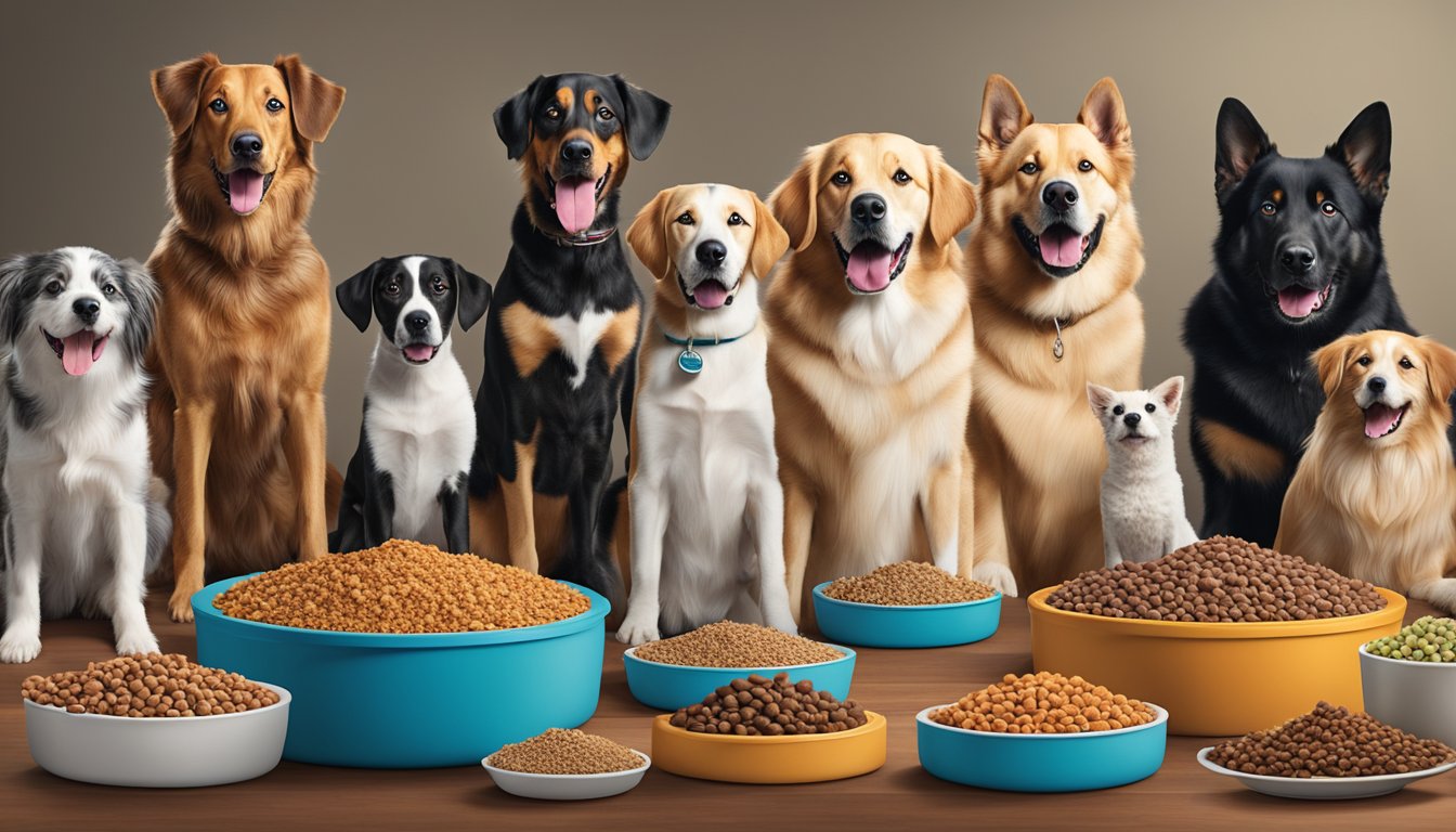 A variety of dogs of different sizes and life stages enjoying Kroger brand dog food in their respective bowls