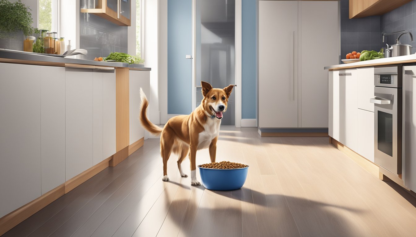 A happy dog eagerly eating Lidl dog food from a stainless steel bowl on a clean kitchen floor