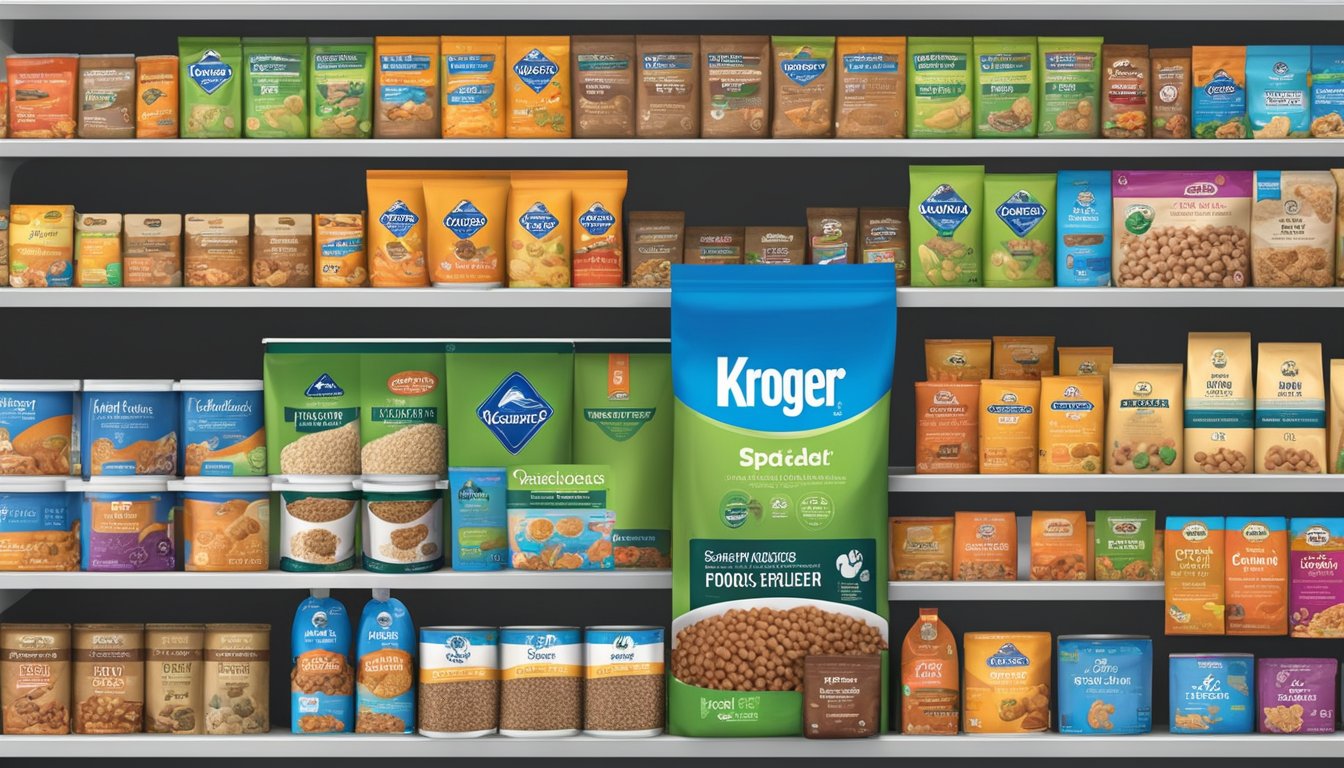 A variety of specialized dog food options are displayed on shelves at Kroger, including formulas for dogs with special dietary needs