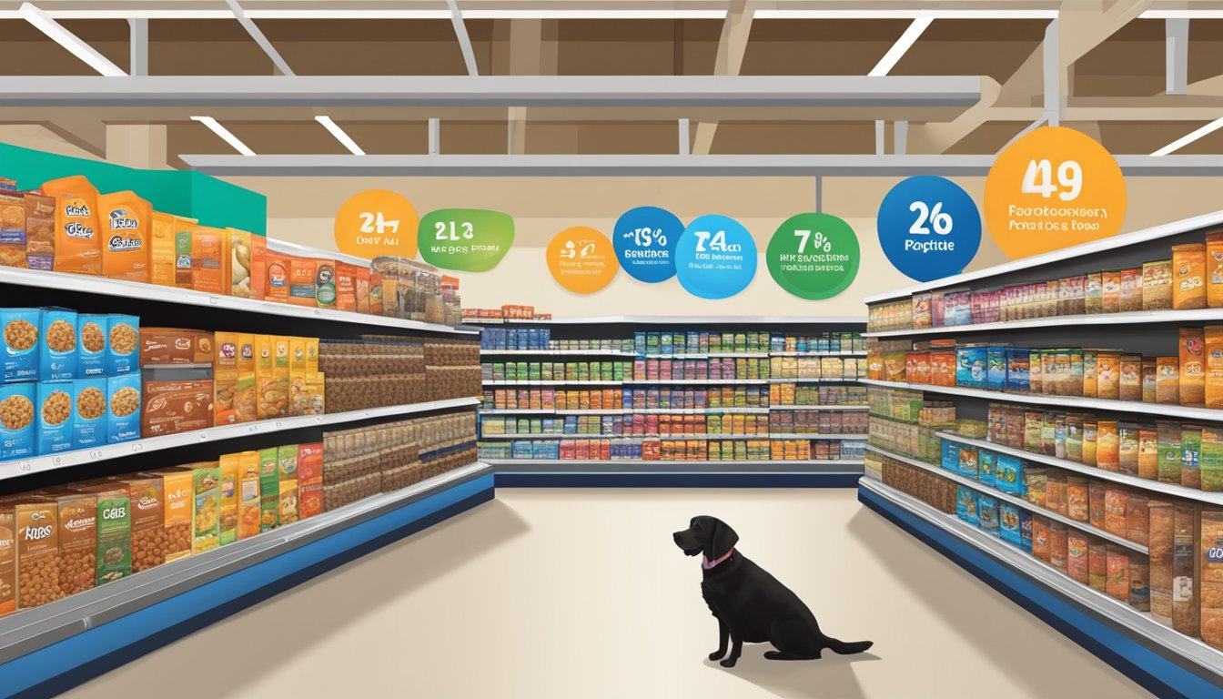 Aisle display of Kroger brand dog food with various flavors and sizes. Shoppers browsing nearby shelves for pet supplies