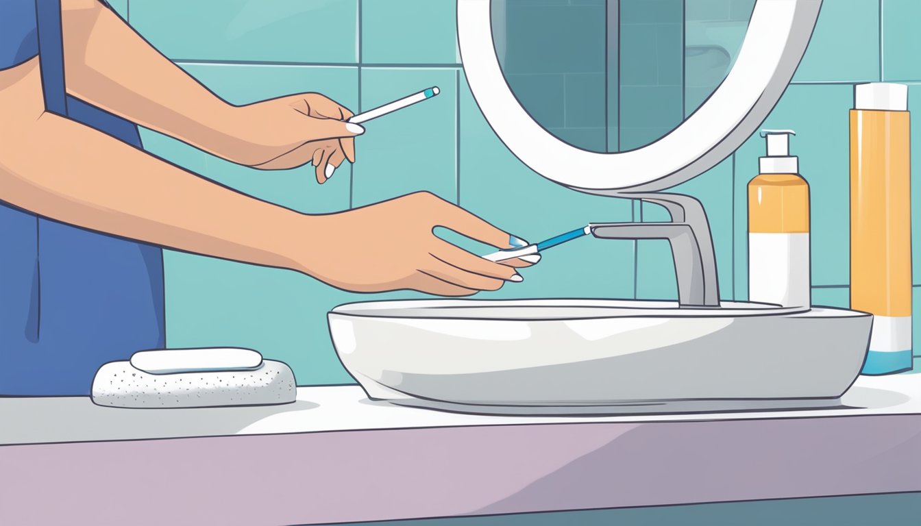 A woman placing a pregnancy test on a bathroom counter, with a timer nearby