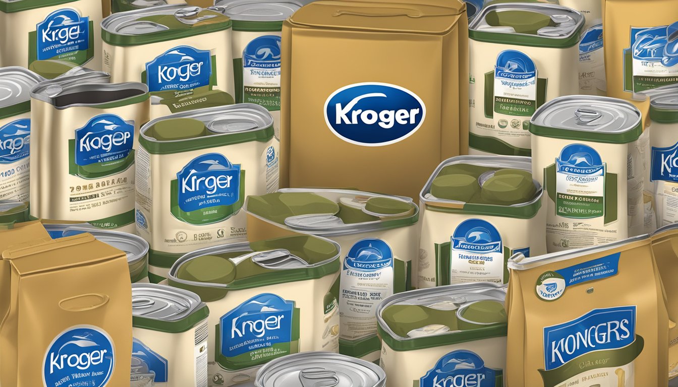 A dog food bag with "Kroger" logo surrounded by various dog food cans and a notebook with reviews and ratings