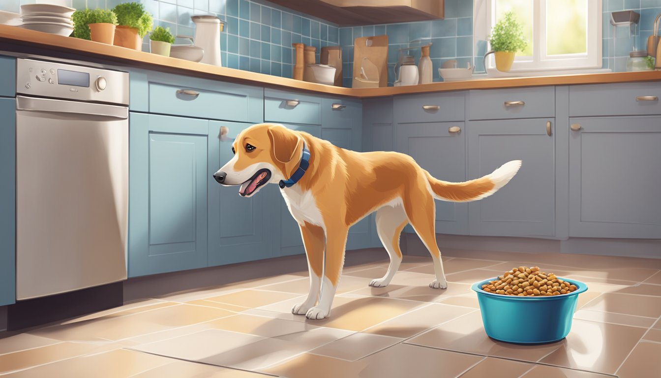 A happy dog eagerly eating Specialized Nutrition Lidl dog food from a clean, colorful bowl on a tiled kitchen floor