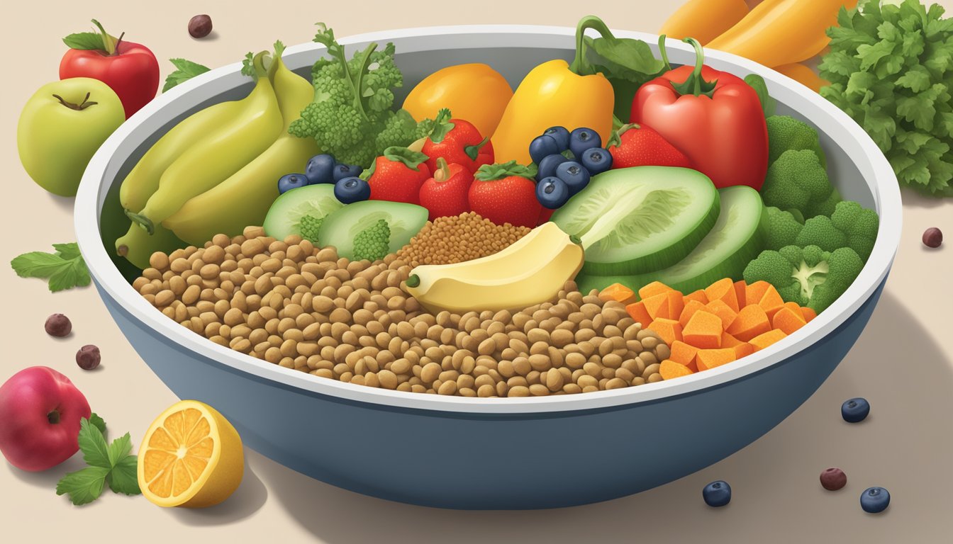 A bowl of Kroger dog food surrounded by various fruits and vegetables, with a clear label displaying supplementary nutritional information