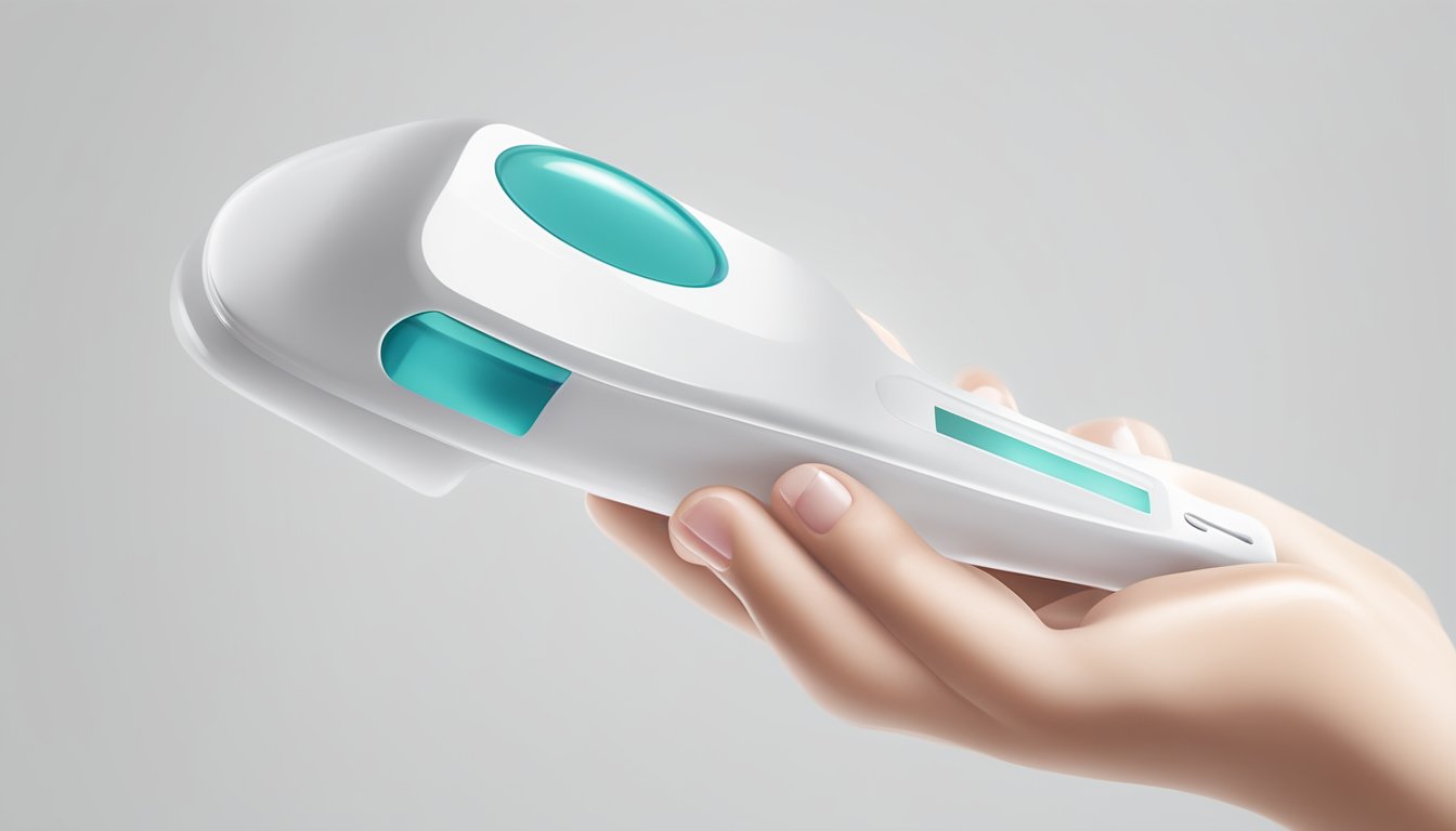 A hand holding a pregnancy test over a clean, white surface