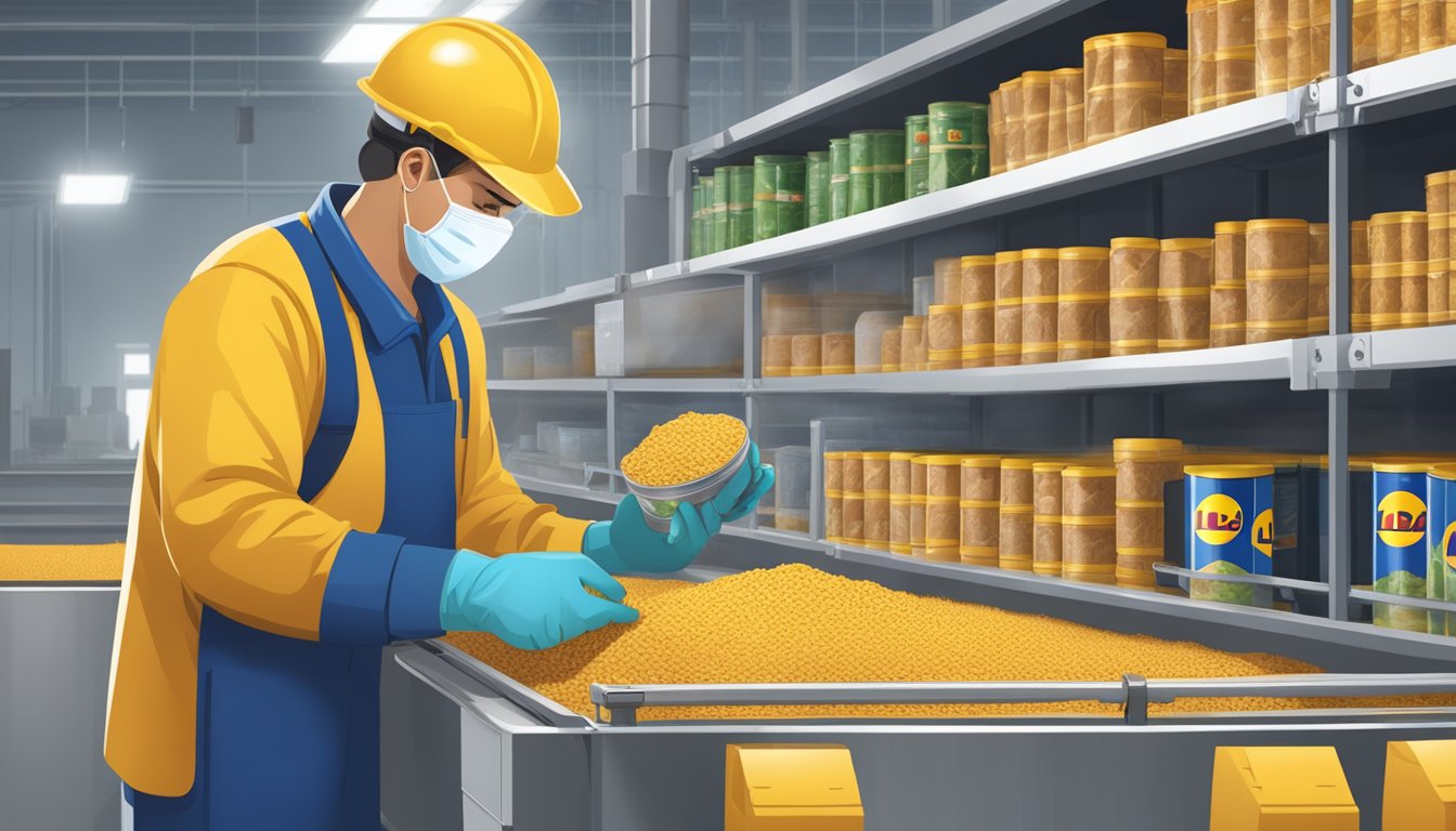 A factory worker wearing a hairnet and gloves inspects a conveyor belt of sealed cans of Lidl dog food for safety and manufacturing standards