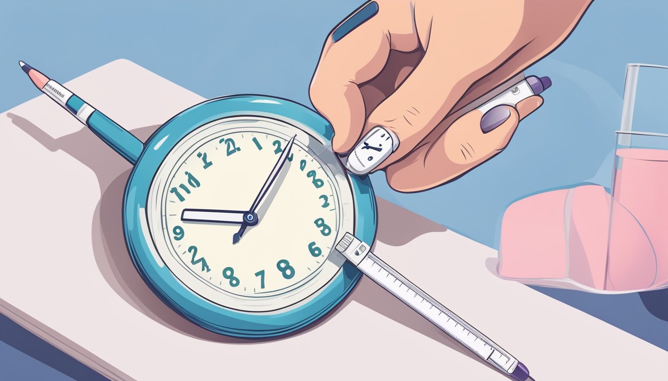 A hand holding a pregnancy test, with a clock in the background