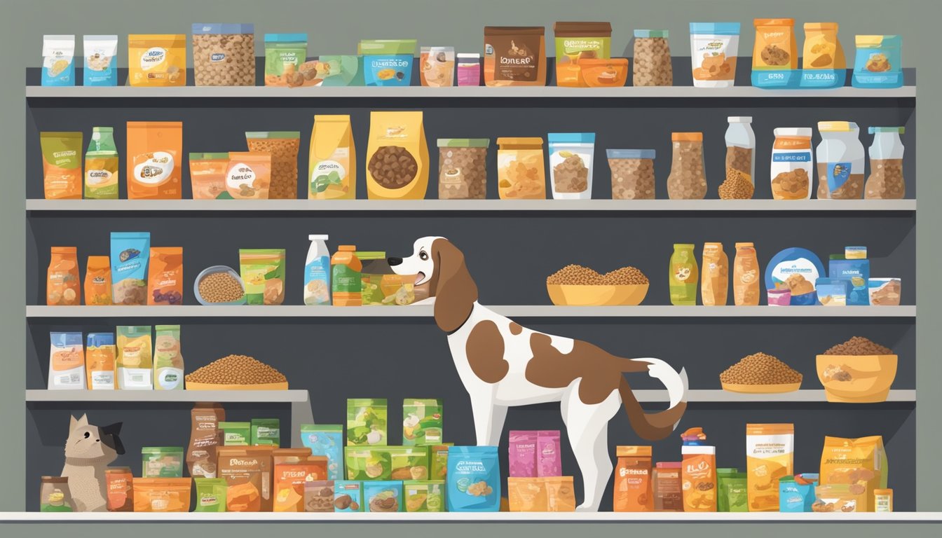 A dog happily eating from a bowl of nutritious food, surrounded by various dog food products displayed on shelves at a store