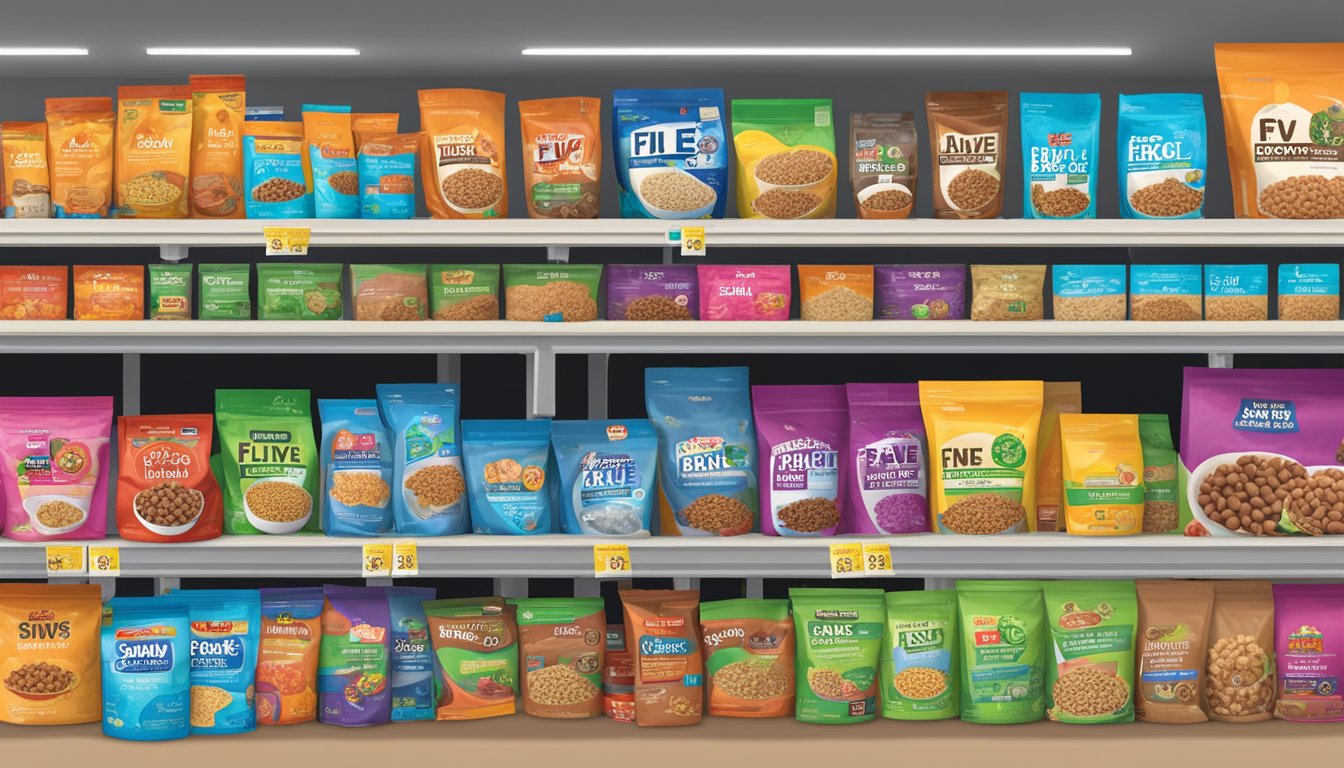 A variety of dog food products displayed on shelves at a store, with price tags indicating "five below" for each item