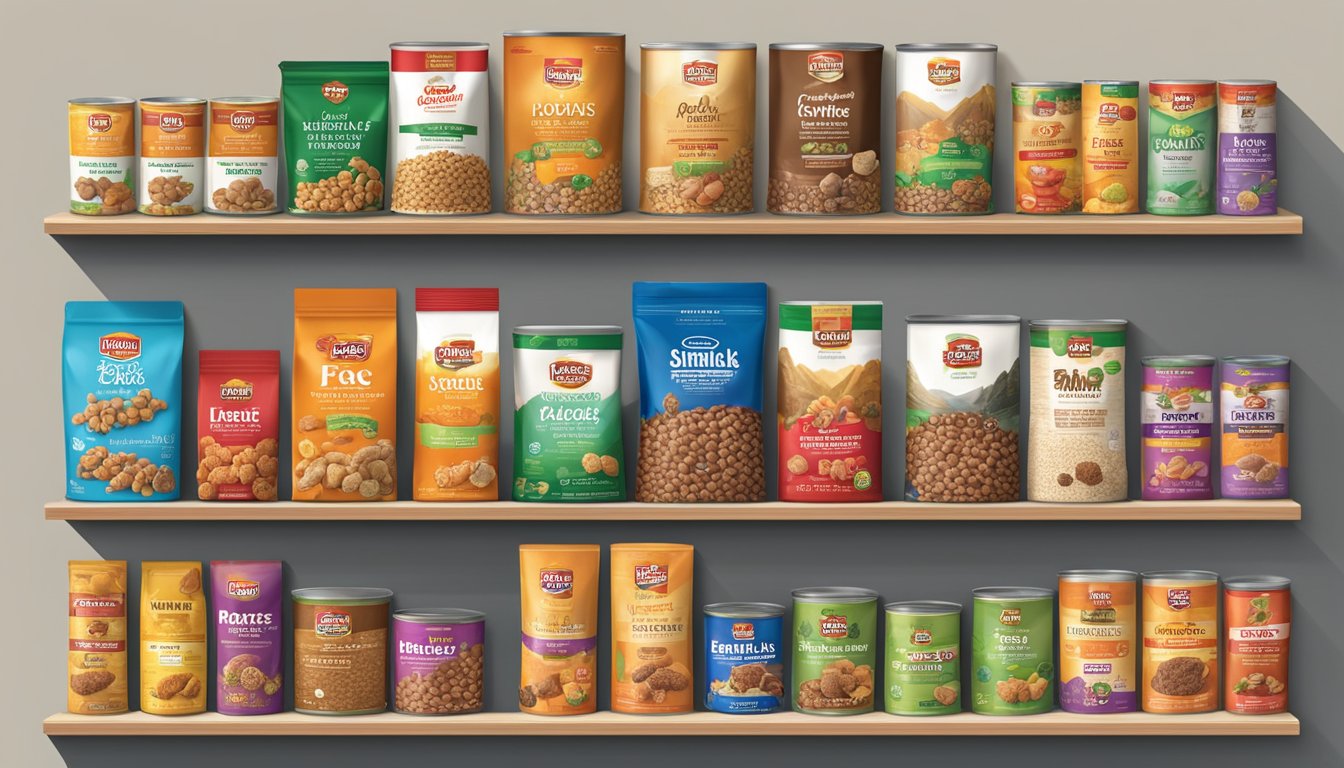 A display of Lucky Supermarkets dog food, featuring various brands and flavors, arranged neatly on shelves