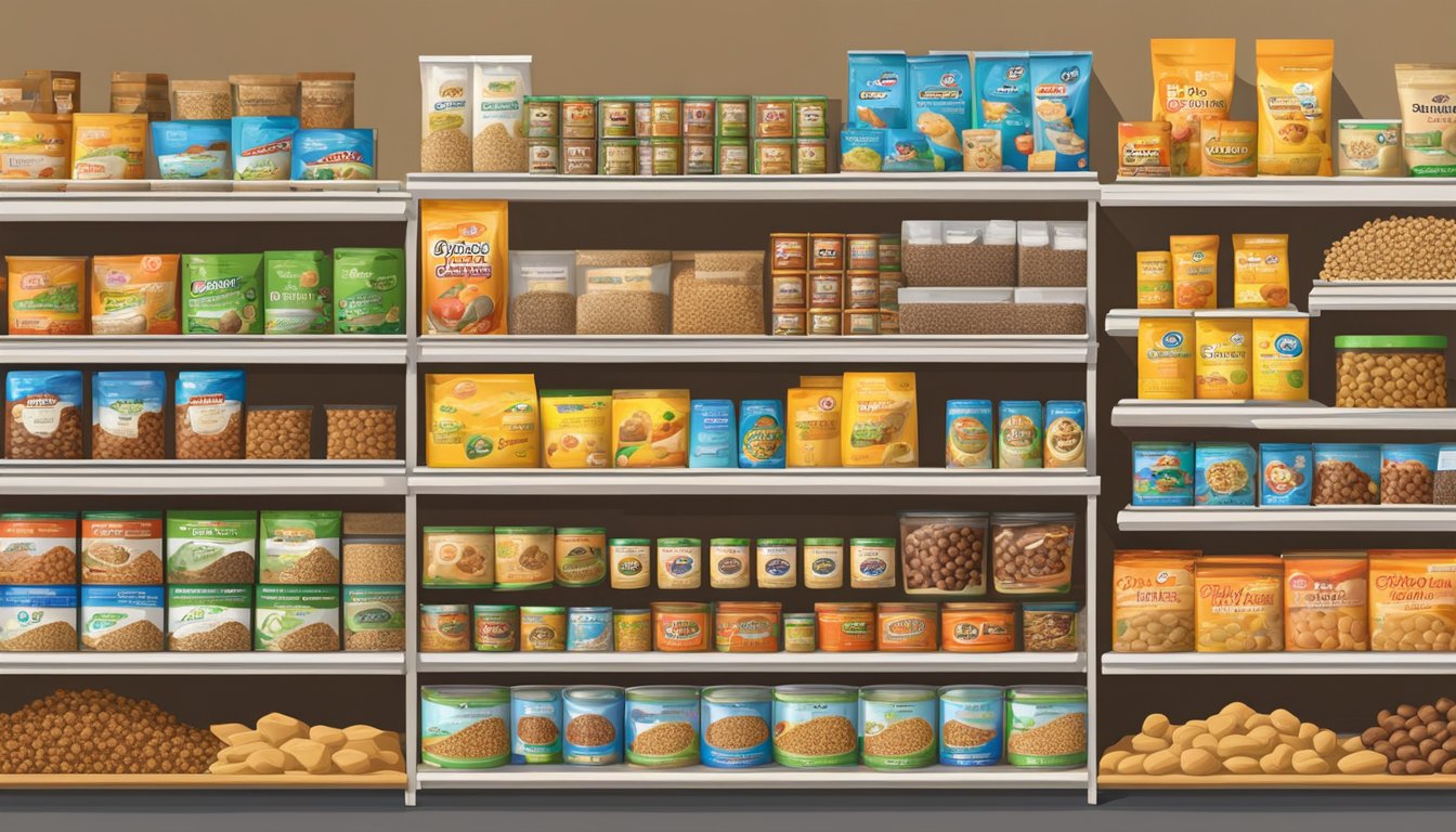 Shelves stocked with various types of dog food at Lucky Supermarkets