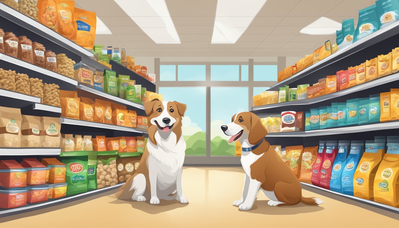 A happy dog stands in front of a display of Lucky Supermarkets dog food, surrounded by various options to choose from