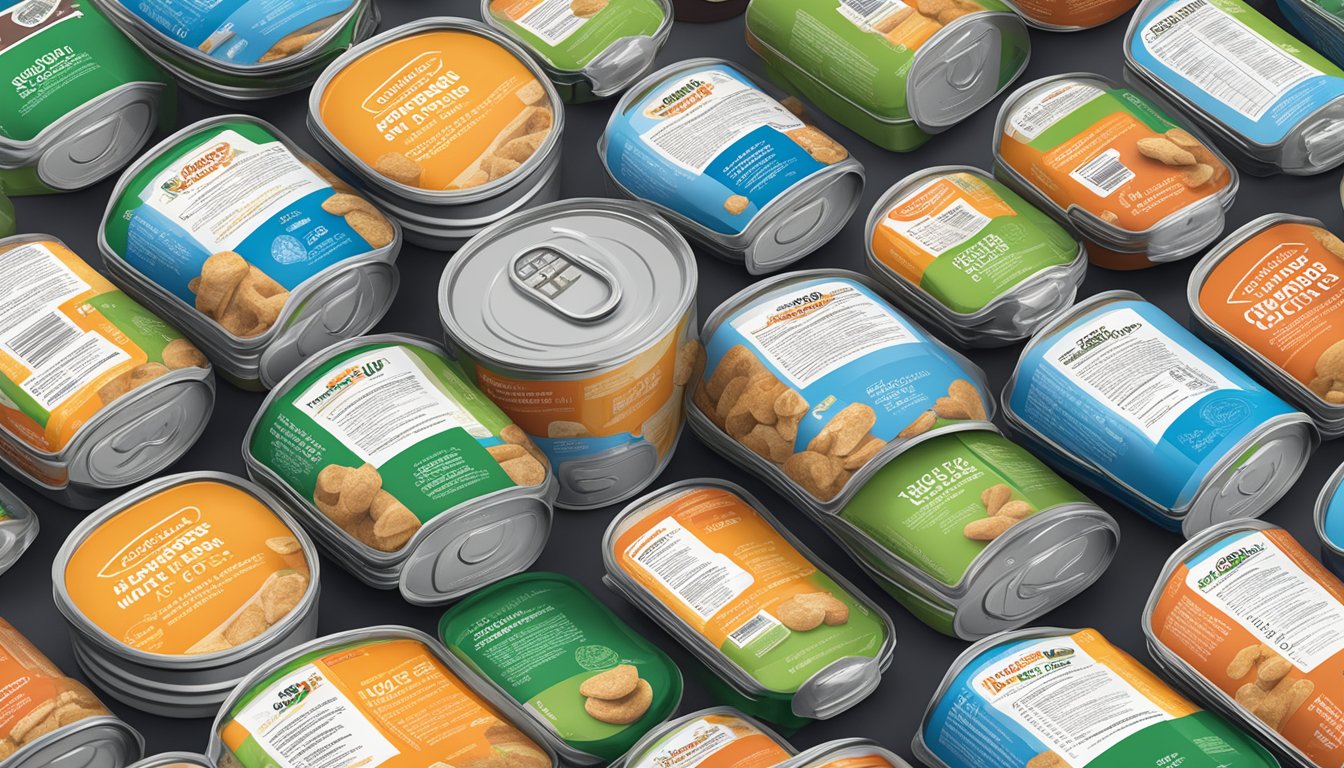 An open can of Lucky Supermarkets dog food surrounded by scattered nutritional information labels