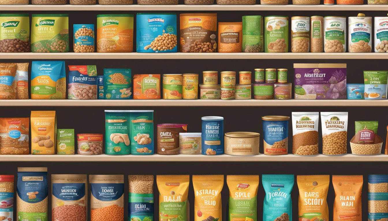 A variety of dog food brands and lines are neatly displayed on the shelves of Lucky Supermarkets