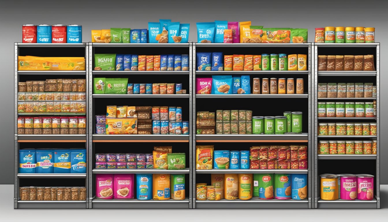 A colorful display of dog food bags and cans arranged on shelves at a five below store