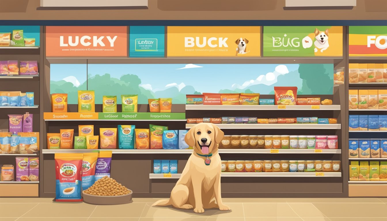 A dog happily sits in front of a display of Lucky Supermarkets dog food, surrounded by colorful packaging and a friendly store environment