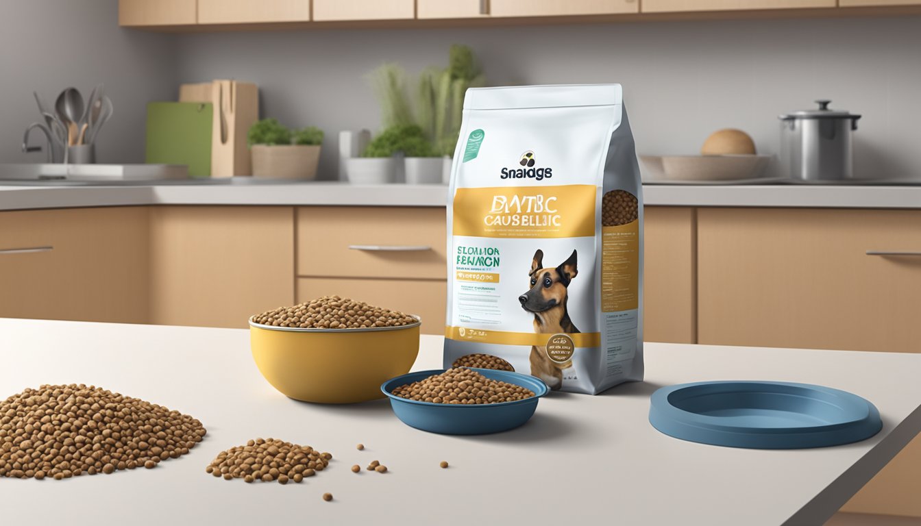 A dog food bag sits open on a kitchen counter, with a scoop pouring kibble into a clean, labeled storage container