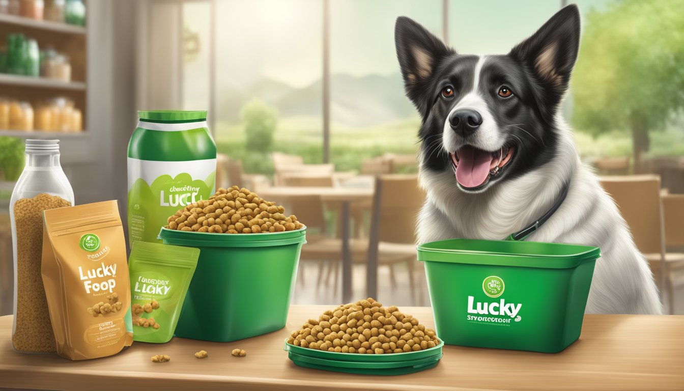 A happy dog eating Lucky Supermarkets dog food in a green, eco-friendly environment with sustainable and ethical practices